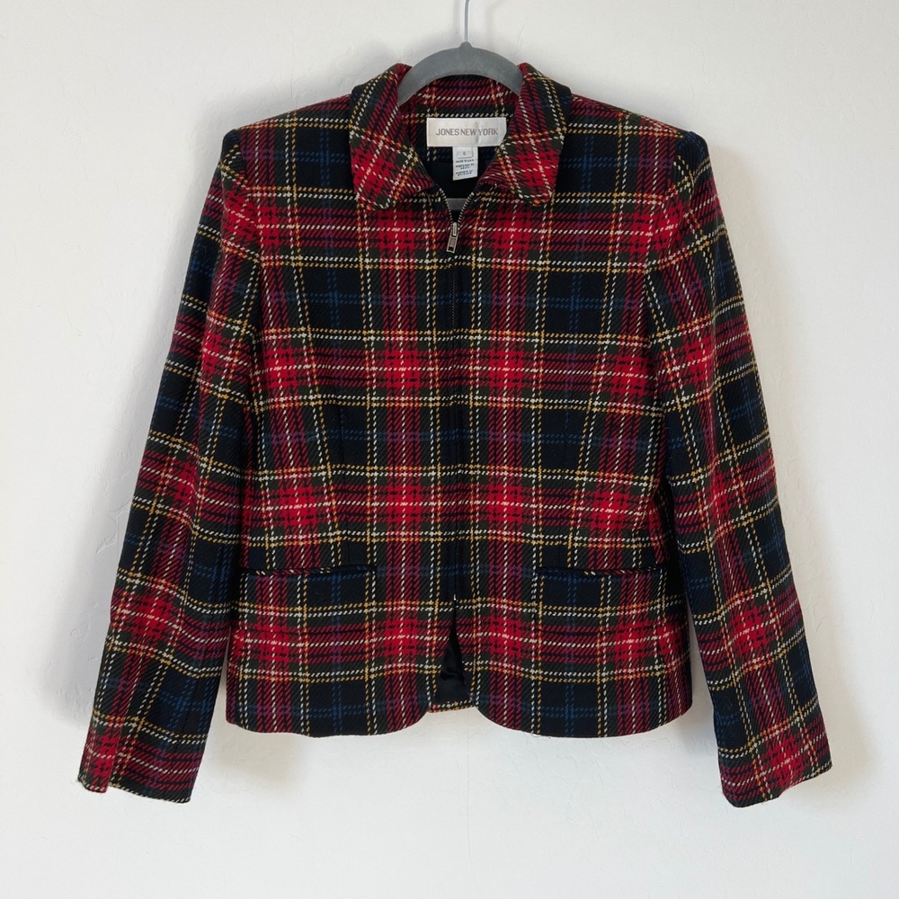 Jones New York Plaid Jacket Womens 6 Red Black Worsted Wool Zip Up Vintage